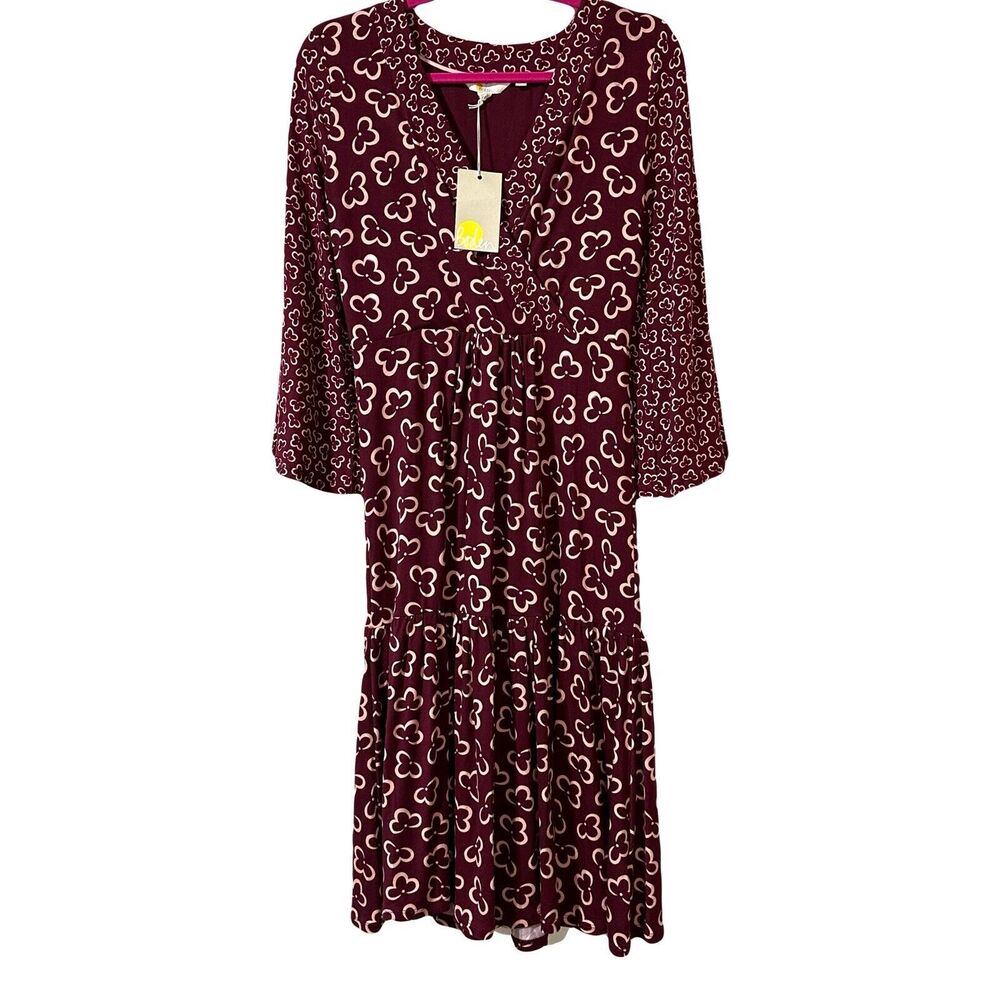Boden Printed Faux Wrap Dress Burgundy US Size 2 R Flare Sleeve NWT